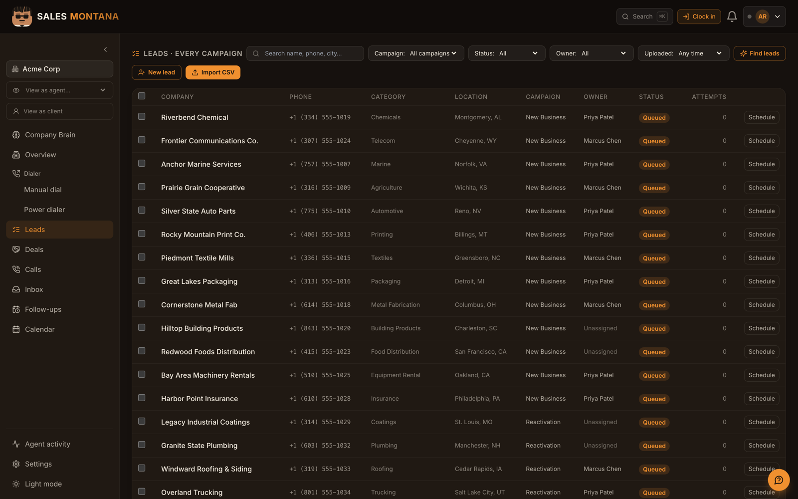 Sales Montana leads view: sourced companies with phone numbers, categories, locations, campaign and owner, queued to dial